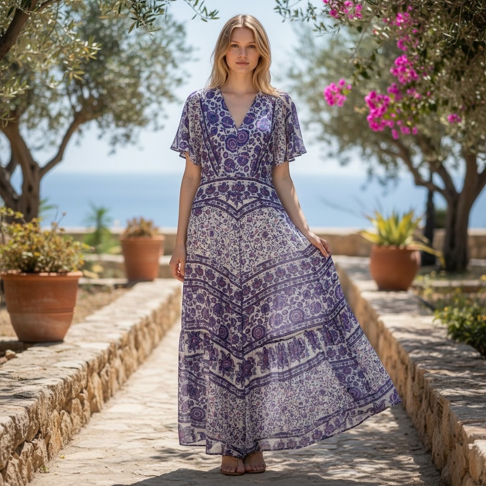 Adelyn Rae Anthropologie Maxi Dress Women XS Purple Floral‎ Boho Sheer